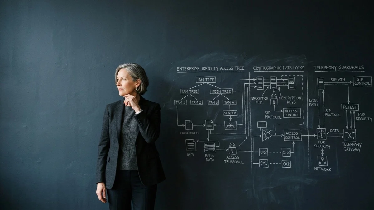 Senior legal security technologist standing before enterprise identity access trees, cryptographic data locks, and telephony guardrail schematics sketched in white chalk on a slate blue studio wall.