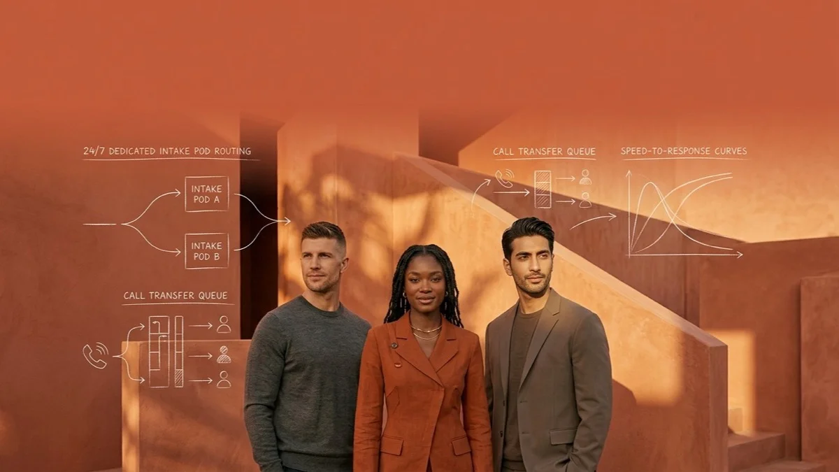 Three modern legal intake specialists standing against a warm terracotta architectural backdrop with white chalk 24/7 dedicated pod routing and response curves.