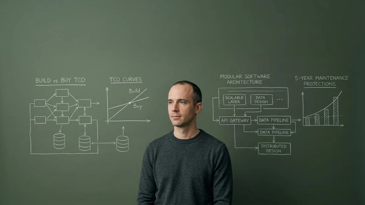 A legal engineering director standing against a muted sage green backdrop with white chalk build versus buy TCO curves and modular software architecture.
