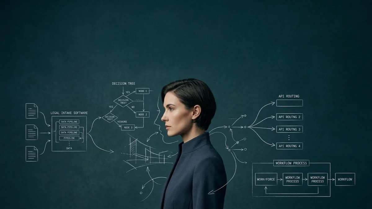 A legal operations director in profile against a deep teal studio background with fine white chalk intake decision tree and API routing diagrams.