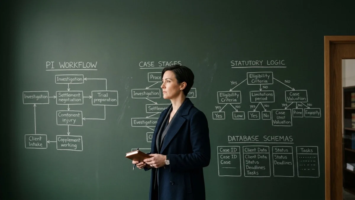 A legal operations manager in a tailored dark navy coat standing in front of a deep muted sage green wall with chalk workflow schematics.
