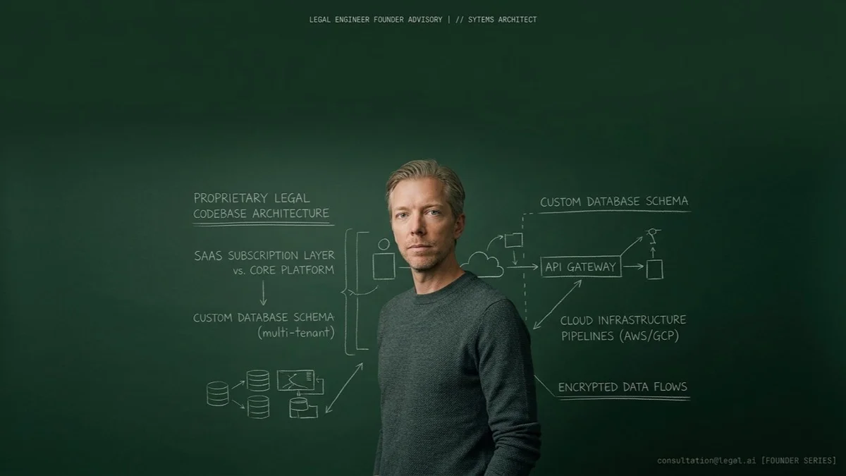 A legal engineering founder in knitwear against a deep forest green wall with white chalk proprietary codebase and cloud infrastructure diagrams.