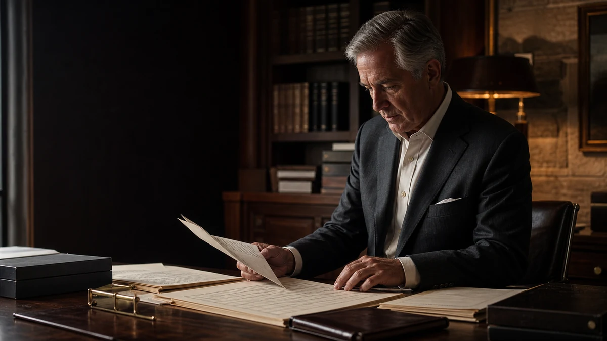A lawyer in a private office reviews a structured arbitration file while source documents and extracted facts sit organized on the desk.