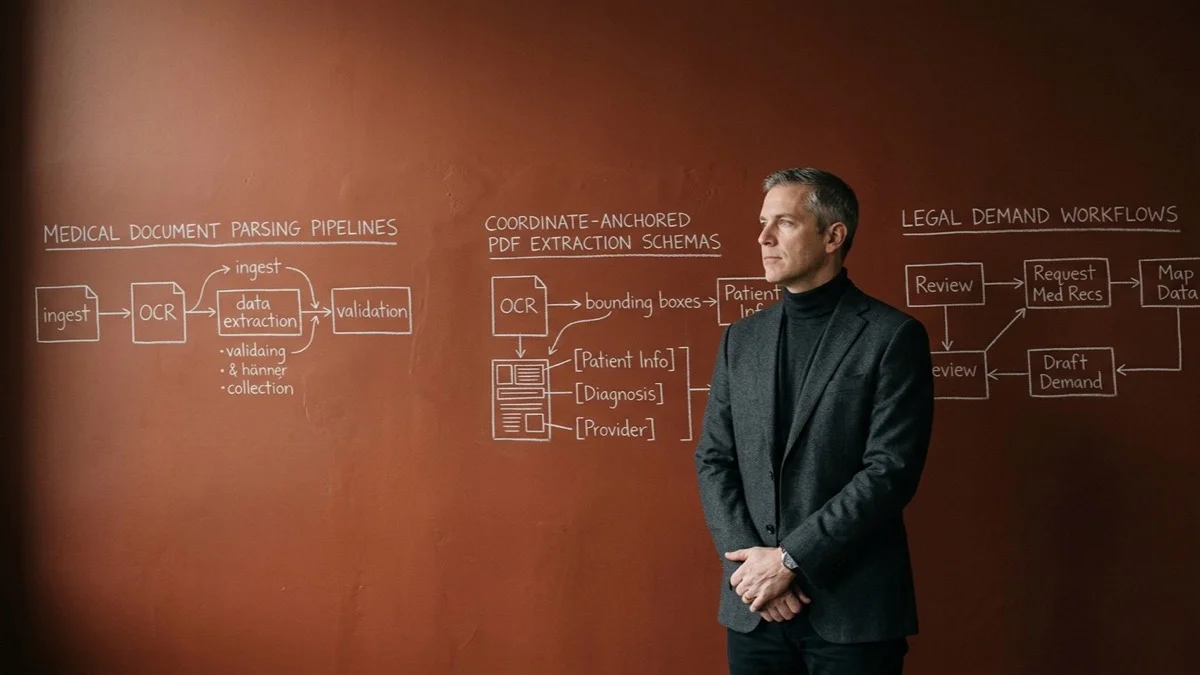A legal operations director in a tailored charcoal blazer standing in front of a deep warm terracotta wall with chalk medical parsing schematics.