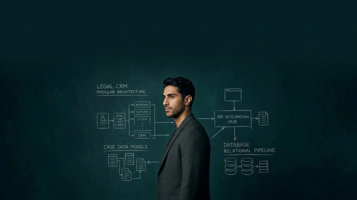 A legal technology systems architect standing against a deep midnight teal backdrop with white chalk CRM modular architecture and database schemas.