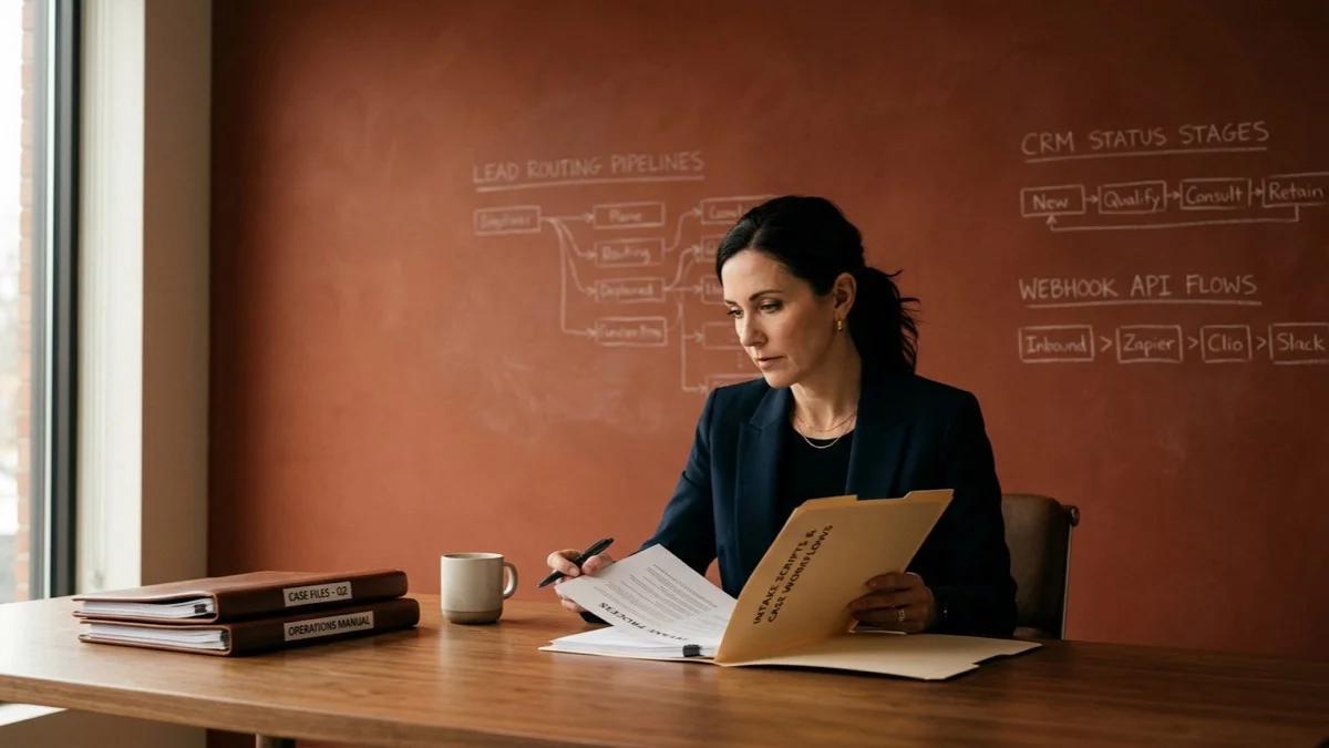 Focused law firm operations partner in dark minimalist tailoring examining intake scripts and case management files at a clean wooden desk.