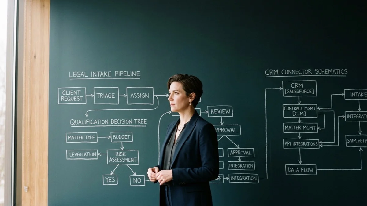 A contemporary legal operations director in a tailored dark minimalist blazer standing in front of a deep slate teal wall with chalk intake pipeline and CRM schematics.