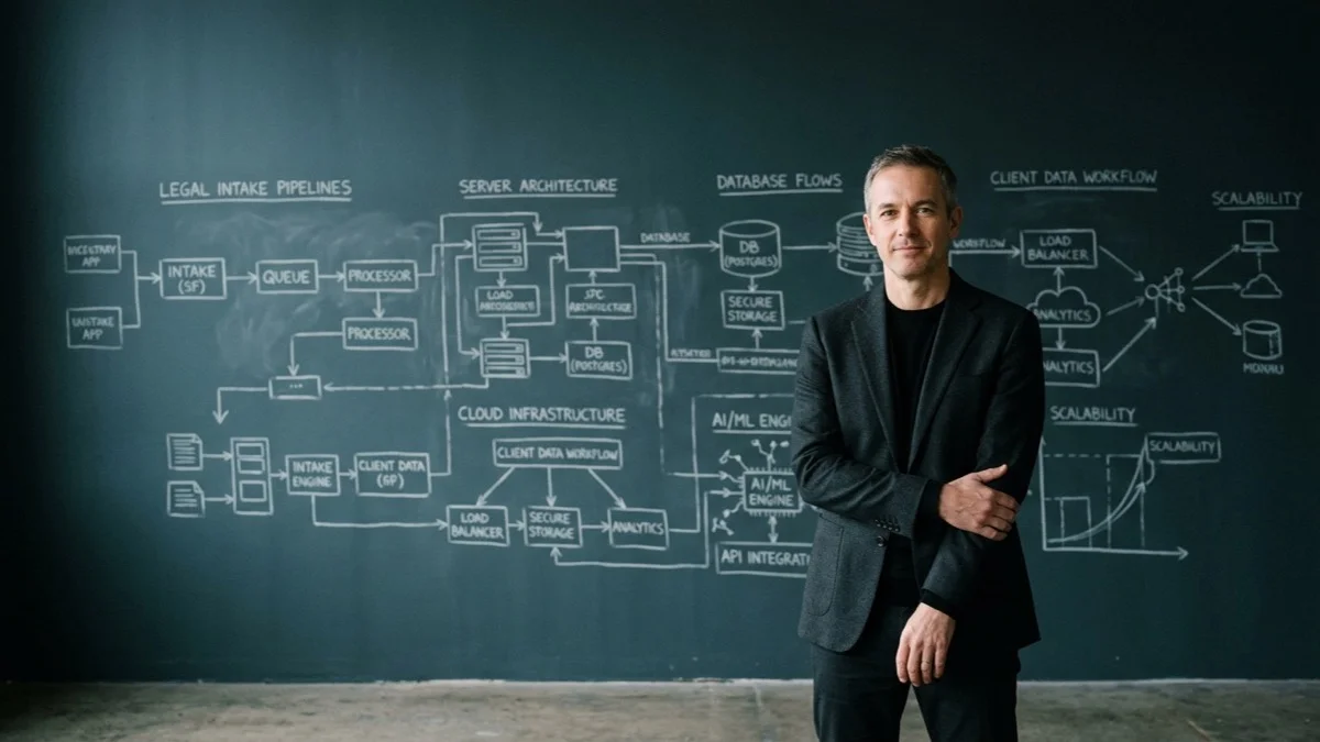 Legal technology systems architect in charcoal tailoring in front of an architectural chalkboard schematic of legal intake pipelines, server architecture, and MCP sandboxes.