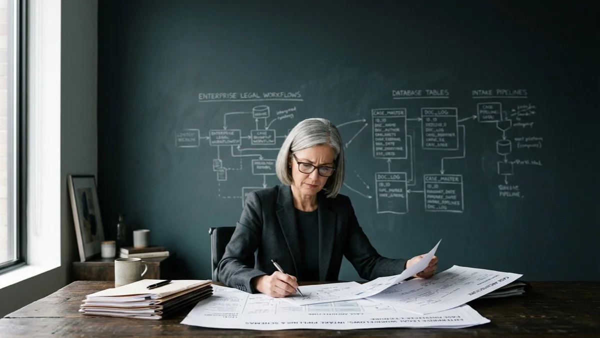 Senior legal operations director in dark charcoal tailoring studying case architecture documents in an artful studio with a deep slate teal matte wall.
