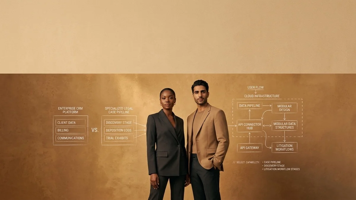 Two legal technology strategists standing against a warm sand backdrop with white chalk enterprise CRM vs specialized case pipeline diagrams.