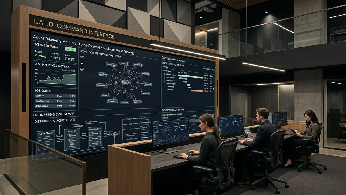 Technical command center showing distributed system topology, force-directed knowledge graph, and Dash0 OpenTelemetry trace spans in warm charcoal and bronze editorial styling.