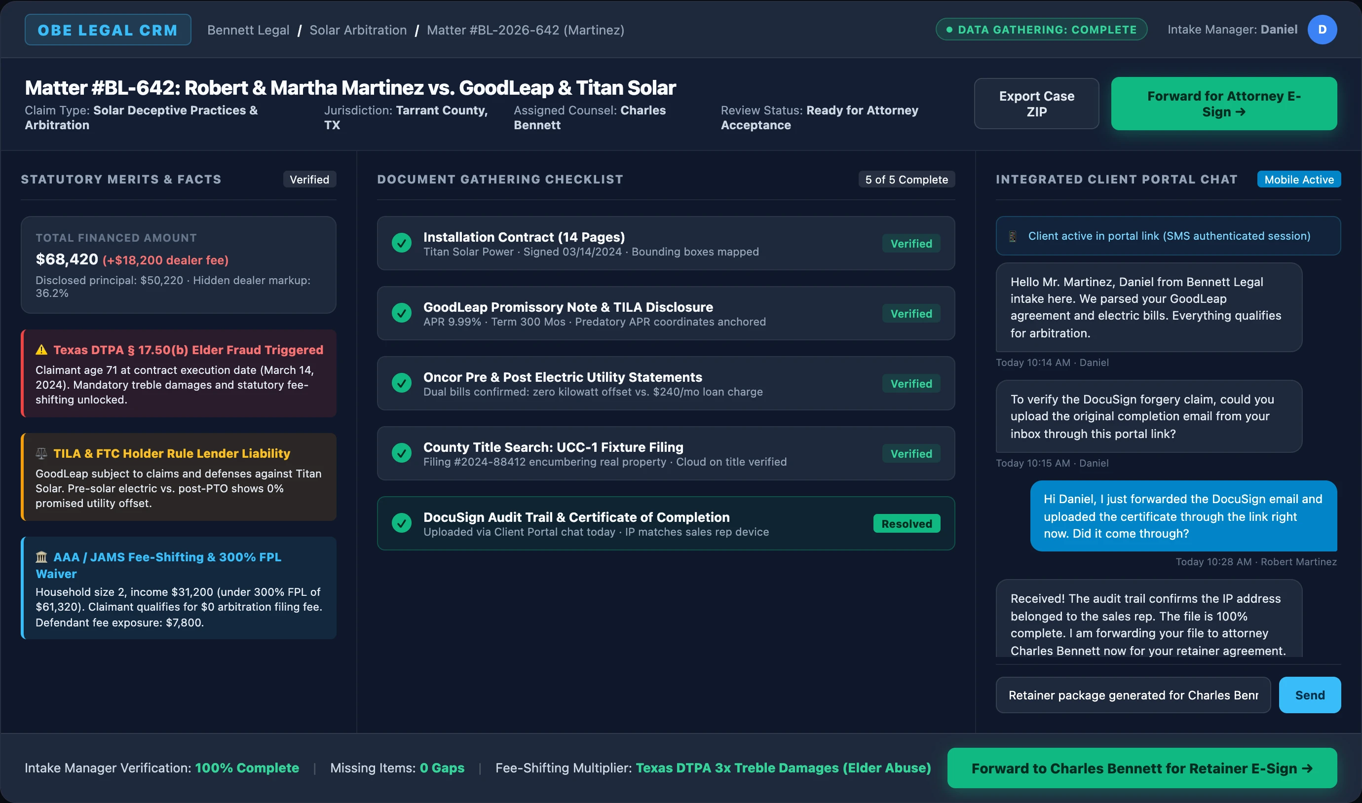OBE Legal CRM Intake Manager Workflow View