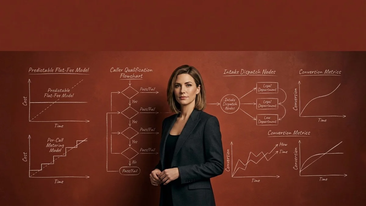 A legal intake director standing against a warm clay-red background with white chalk flat-fee vs per-call metering models and qualification flowcharts.