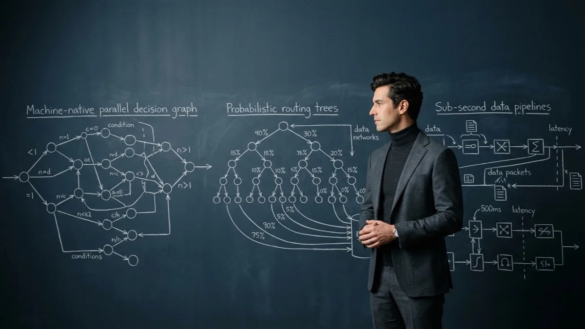 Litigation systems architect in charcoal tailoring beside a slate wall with chalk schematics of parallel decision graphs, probabilistic routing trees, and sub-second data pipelines.